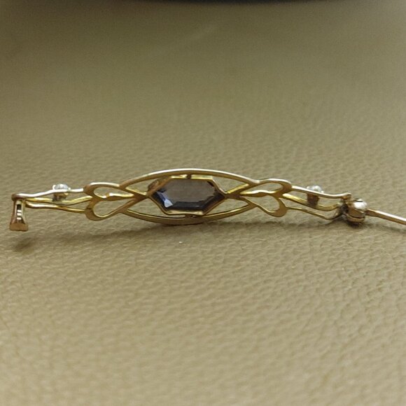 10K Yellow Gold Antique Brooch Purple Crystal Glass Stone Seed Pearls - Picture 6 of 11
